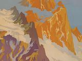painting of a mountain range with snow capped mountains in the background