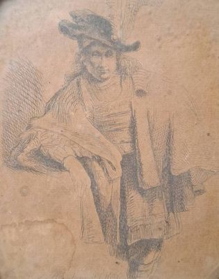 un vieux dessin représentant un homme coiffé d'un chapeau, assis sur une chaise