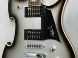 an image of a black and white guitar with a silver body