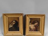 two framed paintings of a man and a woman in a gold frame