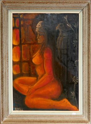 une peinture à l'huile représentant une femme assise sur une chaise, avec un oiseau perché sur son épaule