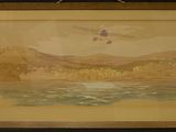 an image of a painting of a plane flying over a body of water