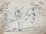 cartoon drawing of a donkey being chased by a group of people
