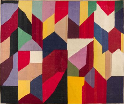 an image of a multicolored rug with squares of different colors