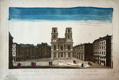 an old drawing of a building with a clock tower in the middle of it