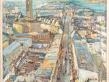 an oil painting of a view of a city with a clock tower in the distance