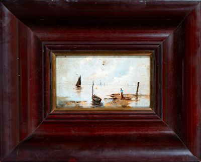 an oil painting of boats on a body of water with a sky in the background