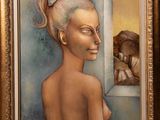 an oil painting of a woman with a ponytail in a gold frame