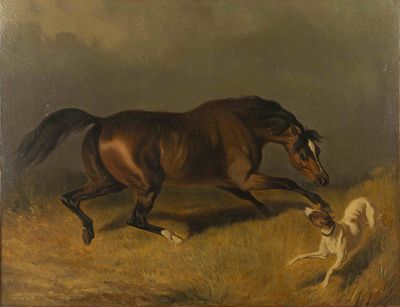 tableau représentant un cheval et un chien courant dans un champ