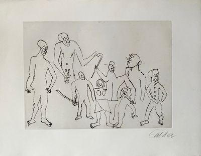 dessin représentant un groupe de personnes alignées, parmi lesquelles un homme tenant un couteau
