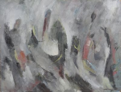 une peinture à l'huile représentant un tableau montrant un groupe de personnes sur une plage