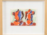 painting of two orange and blue vases in a wooden frame