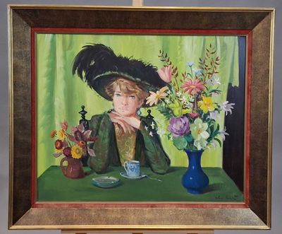 un tableau représentant une femme assise à une table, avec des fleurs dans un vase