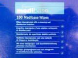 a close up of a medical wipes label on a blue box