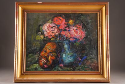 a painting of flowers in a blue vase on a table