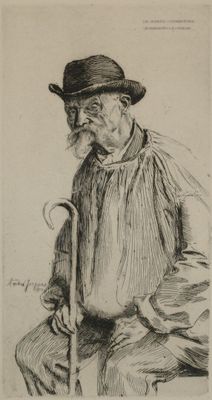 dessin représentant un vieil homme avec une canne et un chapeau