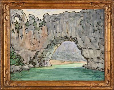 an image of a painting of a cave in the middle of a lake