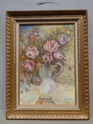 a painting of flowers in a vase on a table