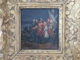 une image d'une peinture représentant un groupe de personnes devant un bâtiment
