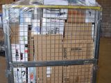 a cart full of boxes sitting in a warehouse