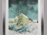 painting of a yellow house in the snow with a tree in the foreground