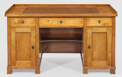 an image of a wooden desk with two drawers and a shelf