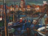 a painting of boats in a harbor with buildings in the background