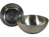 a metal bowl and a metal plate on a white background