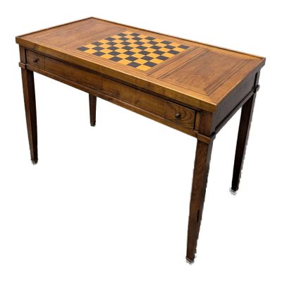 an image of a wooden table with a chess board on top of it