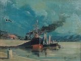 une peinture représentant un bateau sur l'eau, avec une mouette en arrière-plan
