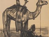 dessin représentant un homme à genoux à côté d'un chameau dans le désert