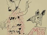 dessin représentant une femme et une girafe avec un oiseau sur la tête