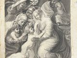 un vieux dessin représentant un groupe de personnes assises autour d'une crèche