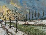 tableau représentant un paysage enneigé avec un train sur les rails