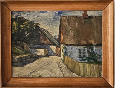 une peinture à l'huile représentant une route de campagne avec, en arrière-plan, une maison au toit de chaume
