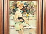 an oil painting of a woman walking a dog on a leash