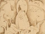 a drawing of a woman standing in front of a flock of birds