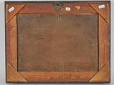 an old wooden picture frame with a piece of paper taped to it