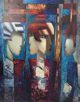 tableau représentant une femme coiffée d'un chapeau rouge sur fond bleu