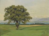une peinture à l'huile représentant un arbre dans un champ, avec des montagnes en arrière-plan