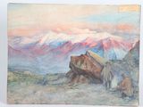 an image of a painting of a mountain scene with a man and a dog