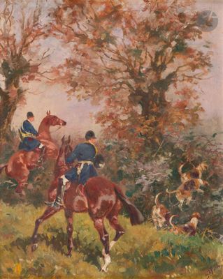 tableau représentant deux hommes à cheval dans une zone boisée, avec des chiens à proximité