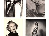 four black and white photos of a woman in a dress and a woman in a dress