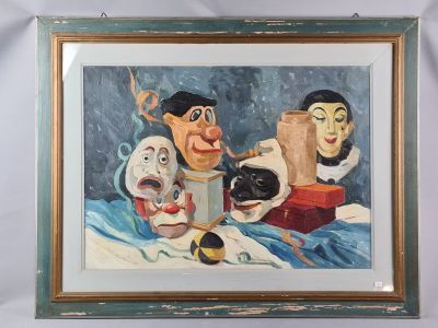 painting of a group of cartoon characters sitting on top of a bed