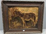 une peinture à l'huile représentant une vache et un veau dans un champ