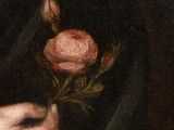 an oil painting of a woman holding a rose in her hand