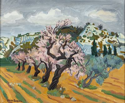 a painting of a field with trees and hills in the background