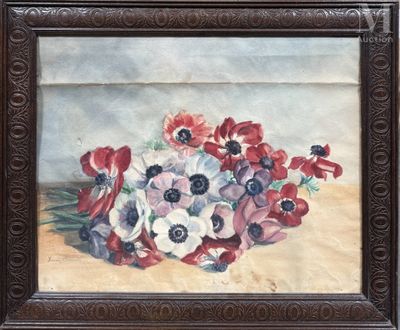 tableau représentant un bouquet de fleurs rouges et blanches dans un cadre marron