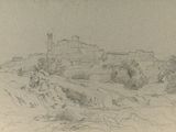drawing of a landscape with a building and trees in the foreground