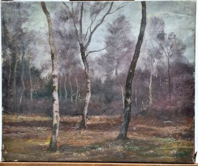 painting of a painting of trees in a forest with a sky background